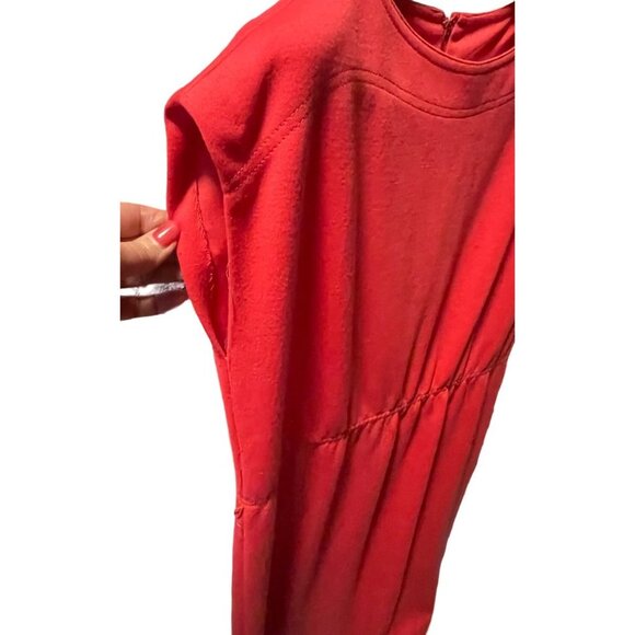 Vintage 80s Leslie Fay Red Knit Cap Sleeve Elastic Waist Midi Dress - Picture 4 of 9